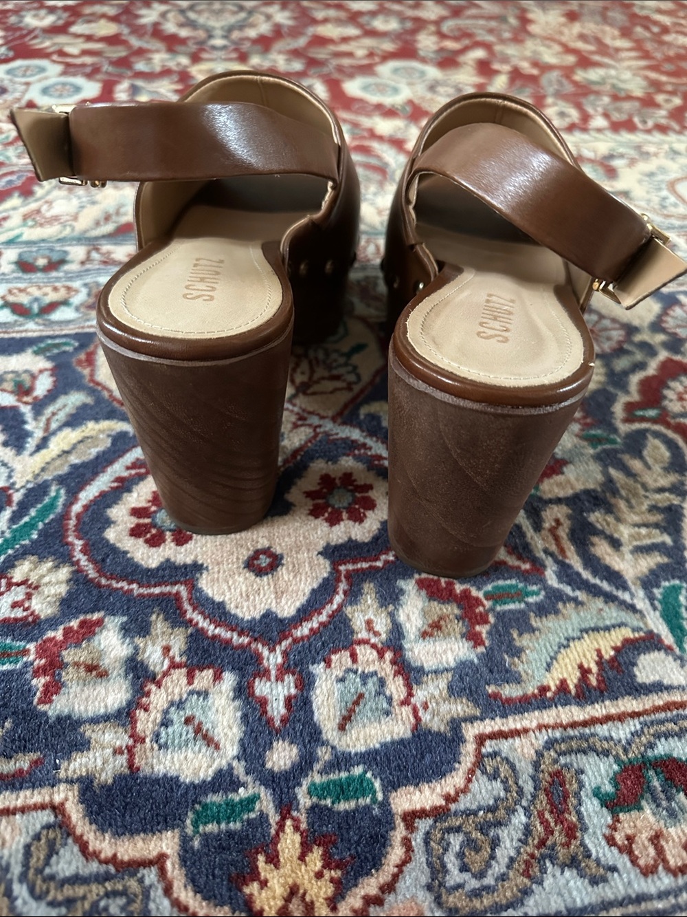 SCHUTZ YEDA DARK CARAMEL Leather Platform Clog Sandals with Stud Accents - Picture 4 of 7